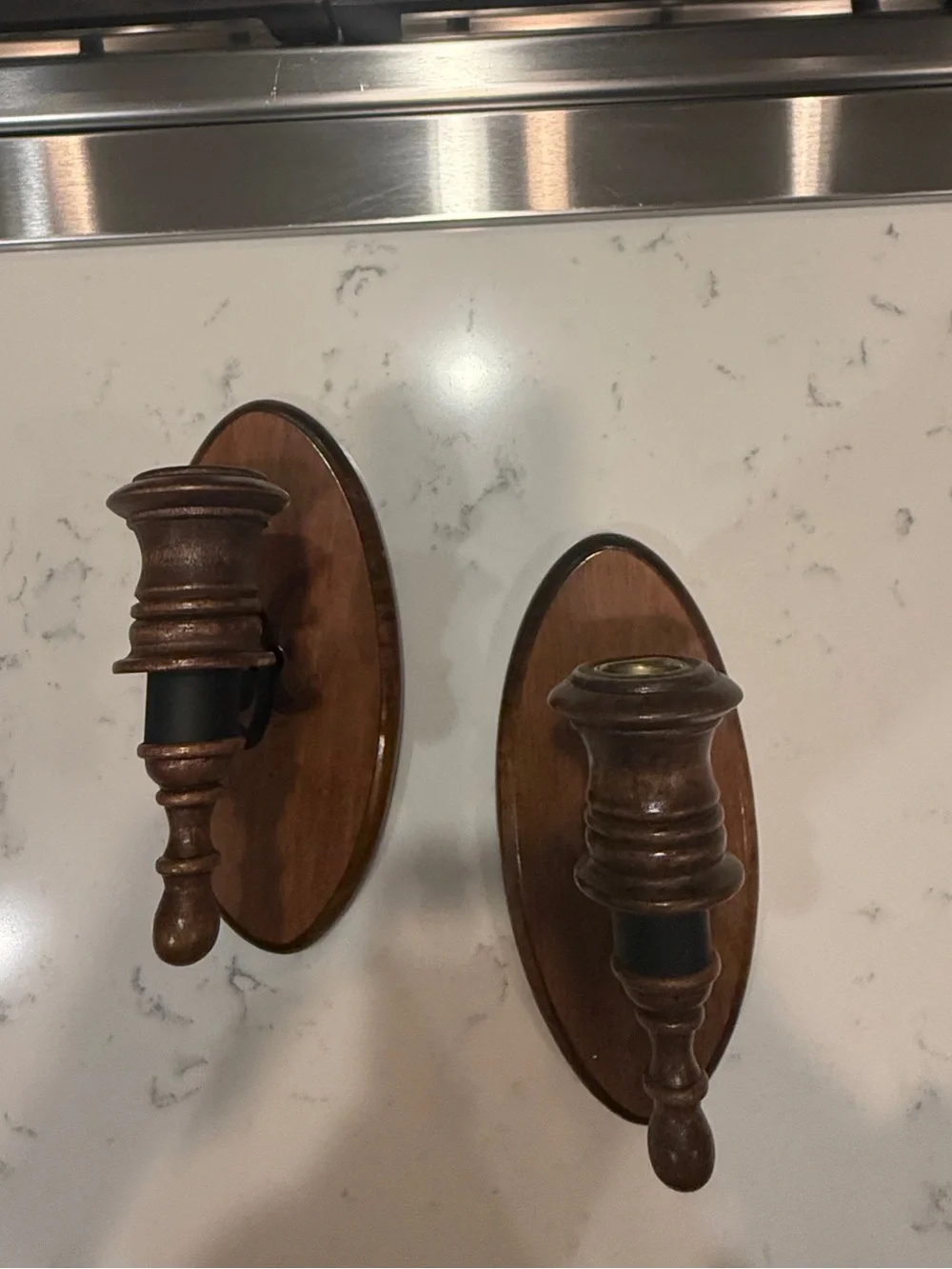 Vintage Wood & Wrought Iron Wall Candle Sconces Pair Colonial Cottage Decor